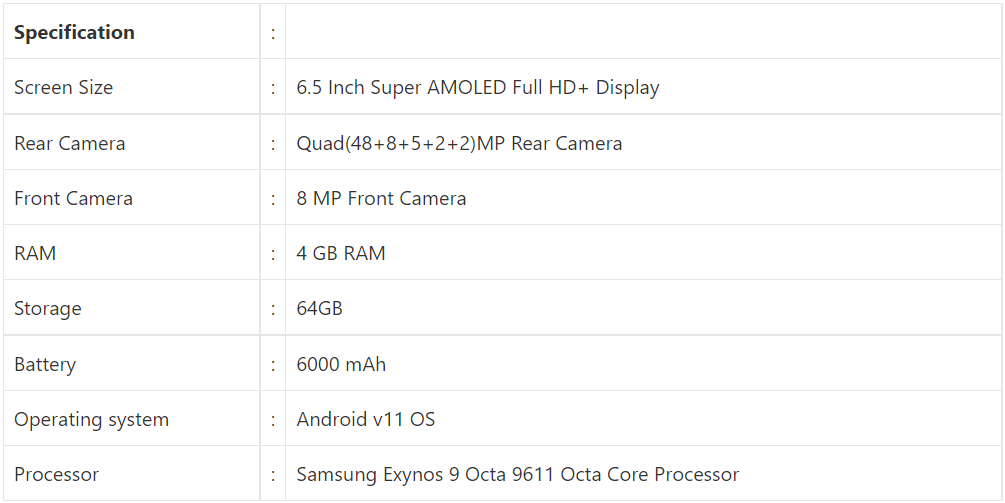 Samsung Galaxy F12 specification